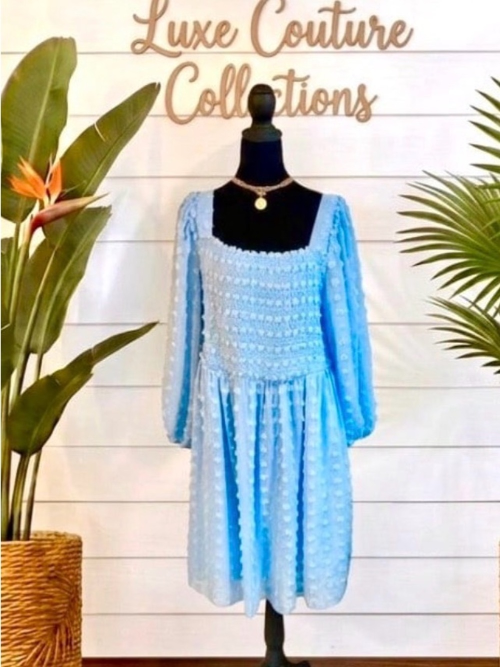 Light Blue Puff-Sleeve Smocked Swiss Dot Dress